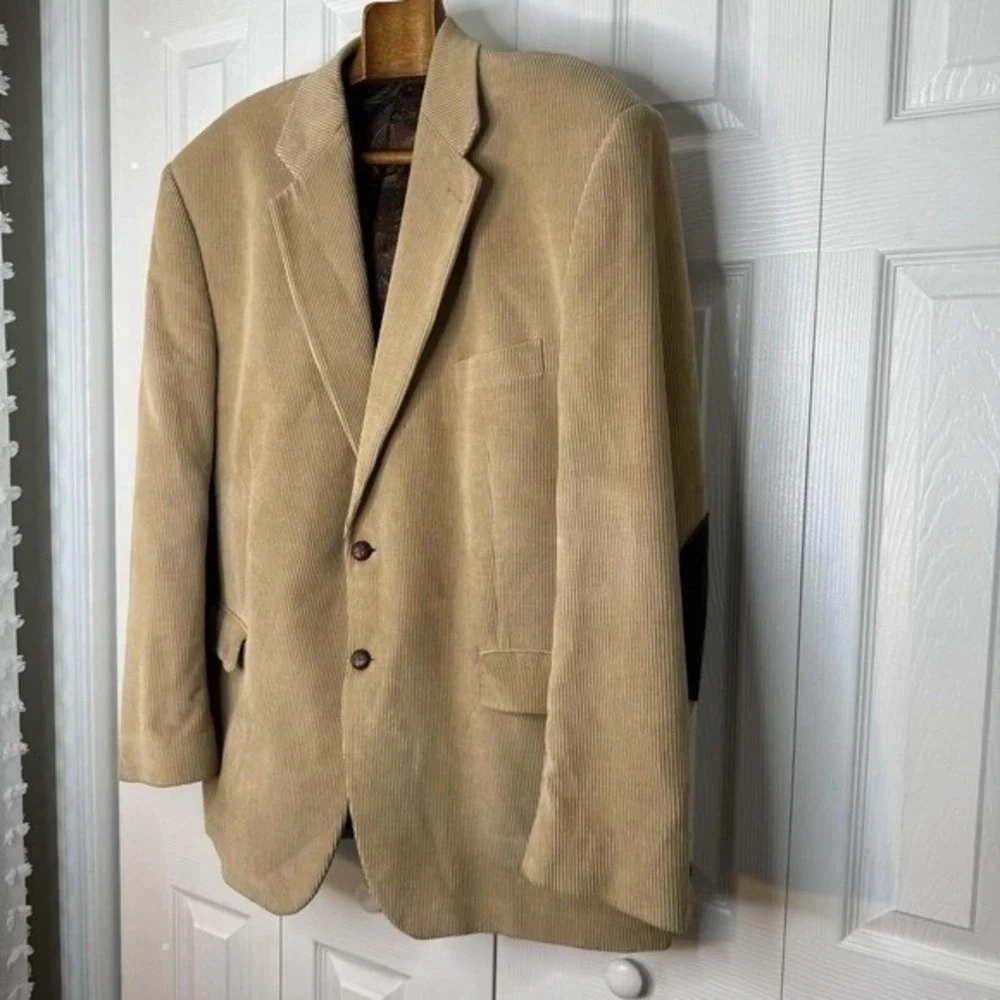 Vtg LRL Ralph Lauren Tan Corduroy 2 Button Blazer Jacket 48R Suede Elbow Patches